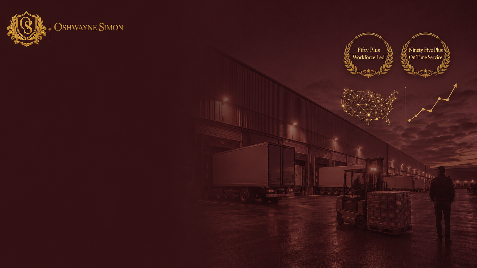 Distribution warehouse loading bays and trailer yard with a connected multi site network map, representing a workforce of fifty plus led across ninety five percent plus on time service
