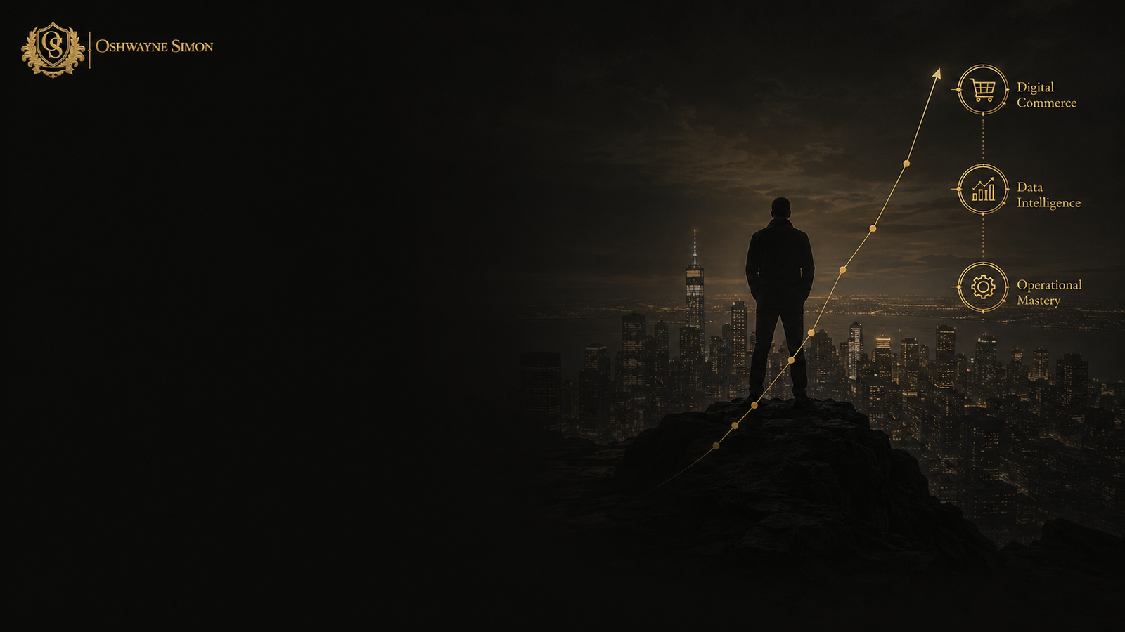 A figure overlooking a city skyline with an ascending performance line, representing digital commerce, data intelligence, and operational mastery brought into the next chapter of leadership
